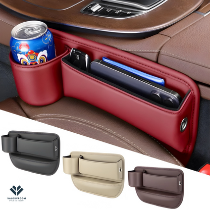 Organisateur de siège MobiVoltz™ en cuir rouge dans une voiture, montrant un rangement voiture pratique pour canette, téléphone et stylo, avec des variantes de couleur