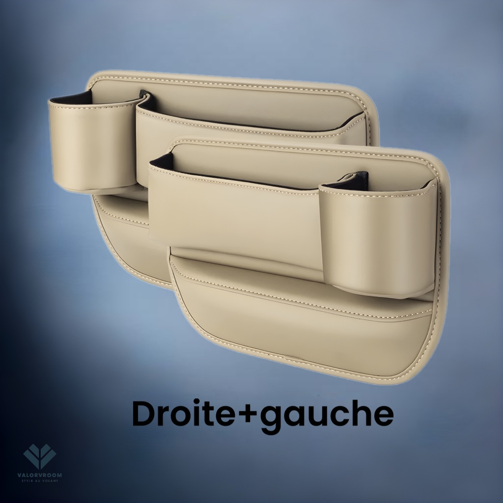 Organisateur de siège MobiVoltz™ en cuir beige dans une voiture