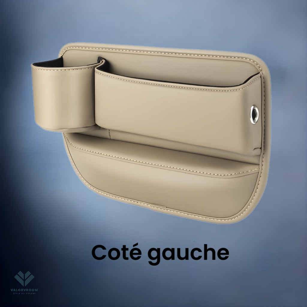 Organisateur de siège MobiVoltz™ en cuir beige dans une voiture