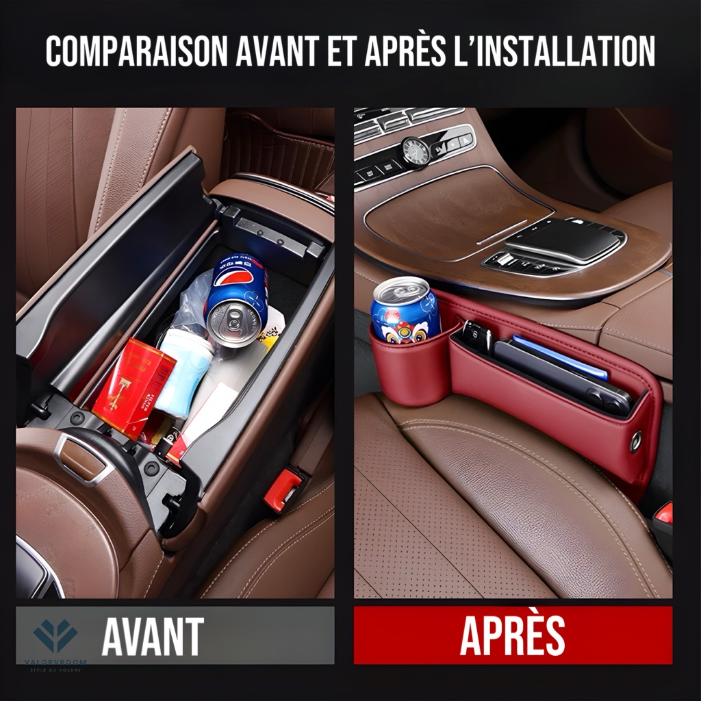 Comparaison avant et après l'utilisation de l'organisateur de siège MobiVoltz™ dans un intérieur de voiture, démontrant un espace de rangement voiture optimisé avec accessoires bien rangés.